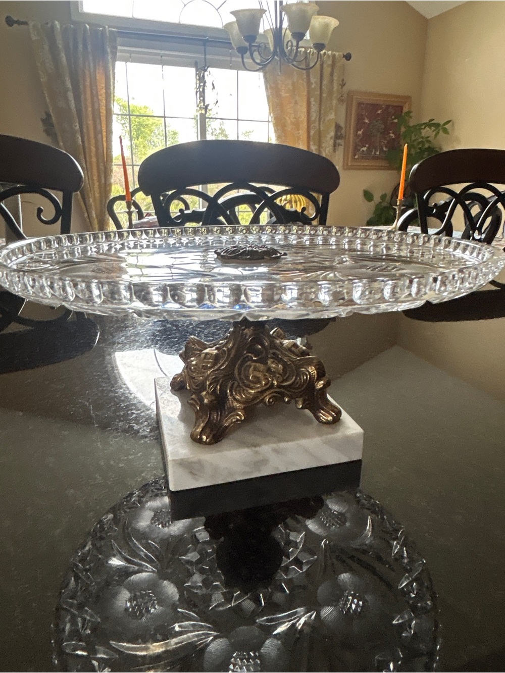 Vintage Gorgeous Heavy Etched Crystal, Brass and Marble Stand